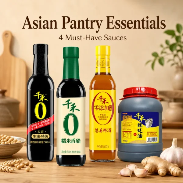 Home Asian Cooking Essentials Soy Sauce, Vinegar, Cooking Wine, and Oyster Sauce