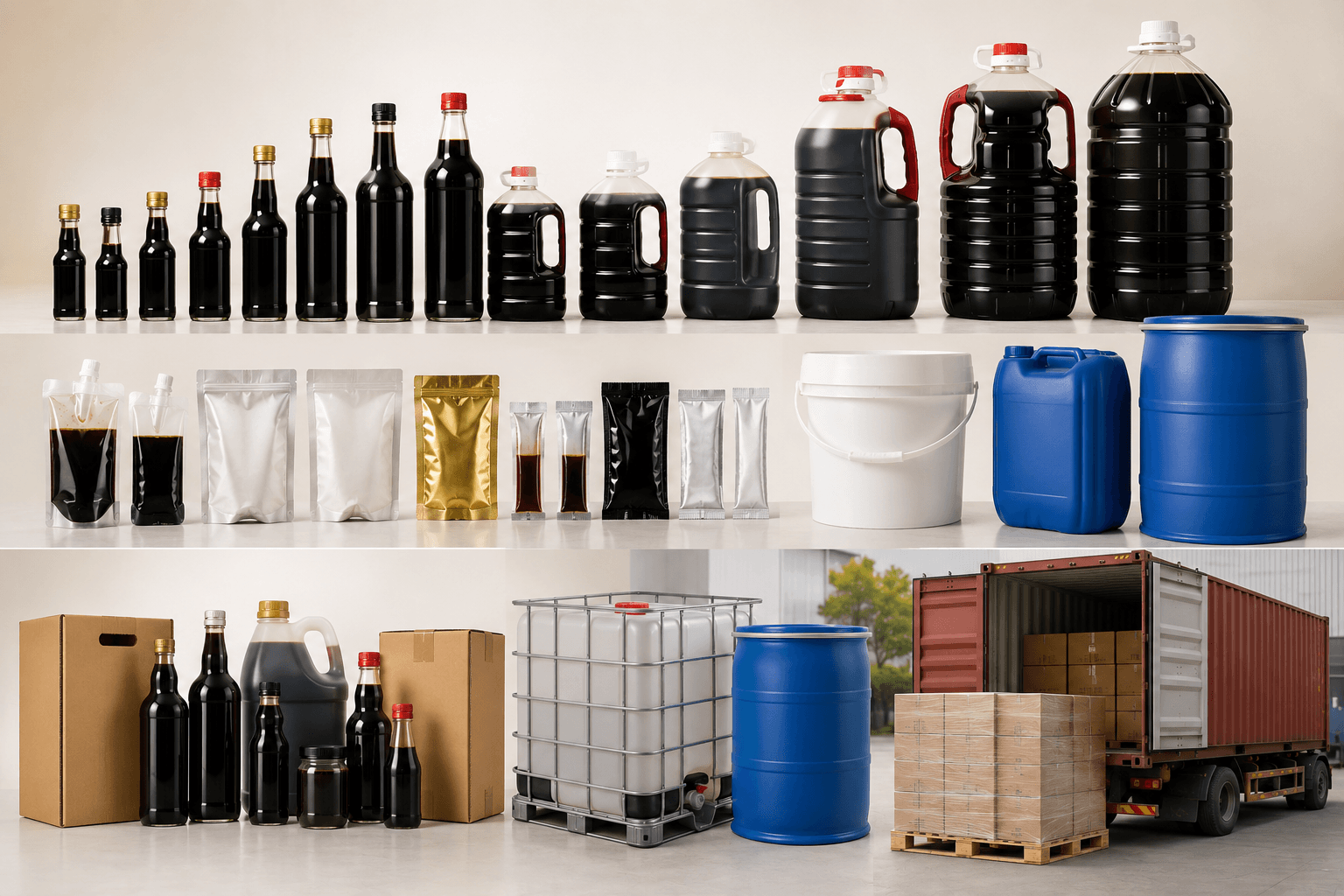 Soy sauce packaging options including retail bottles, bulk drums, sachets, cartons and container loading