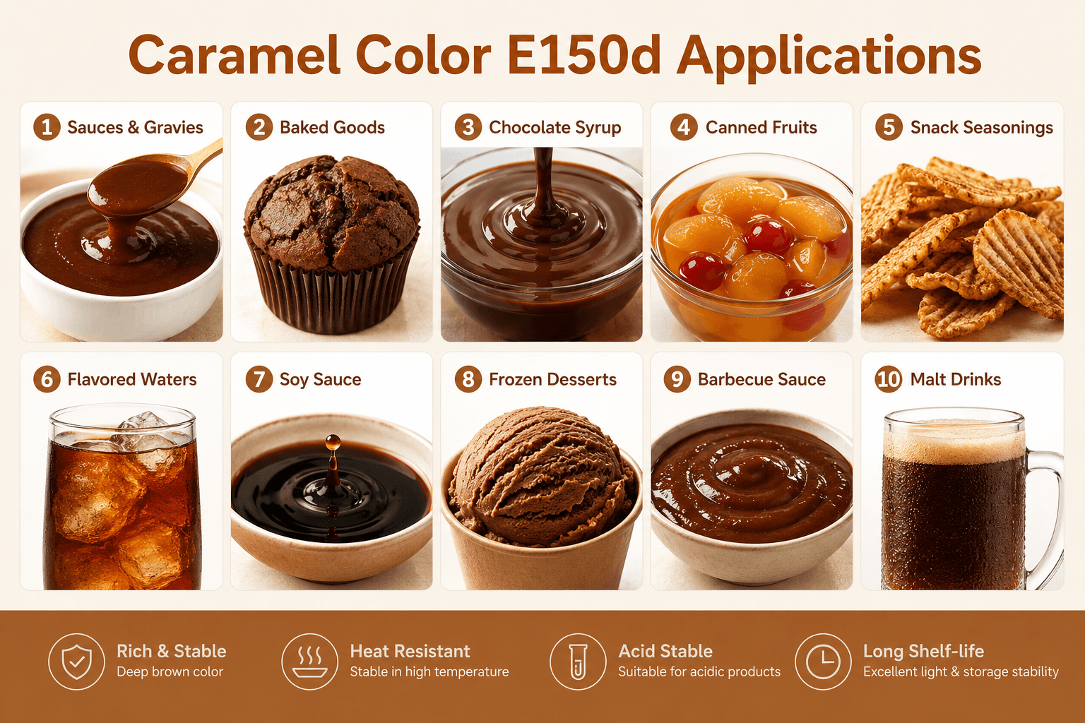 Caramel color applications in beverages, soy sauce, vinegar, and seasonings