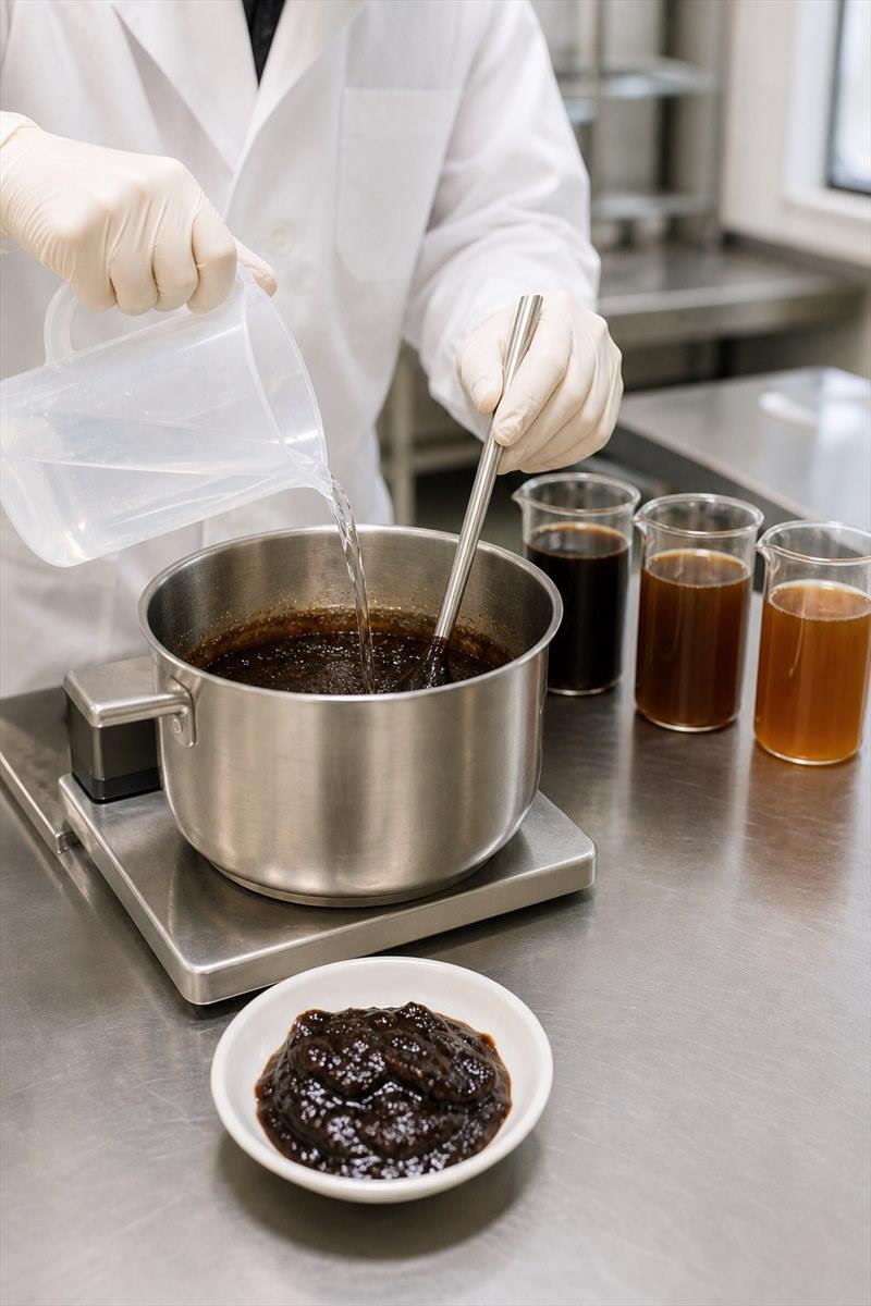 Concentrated soy sauce paste being diluted and evaluated in a local formulation test
