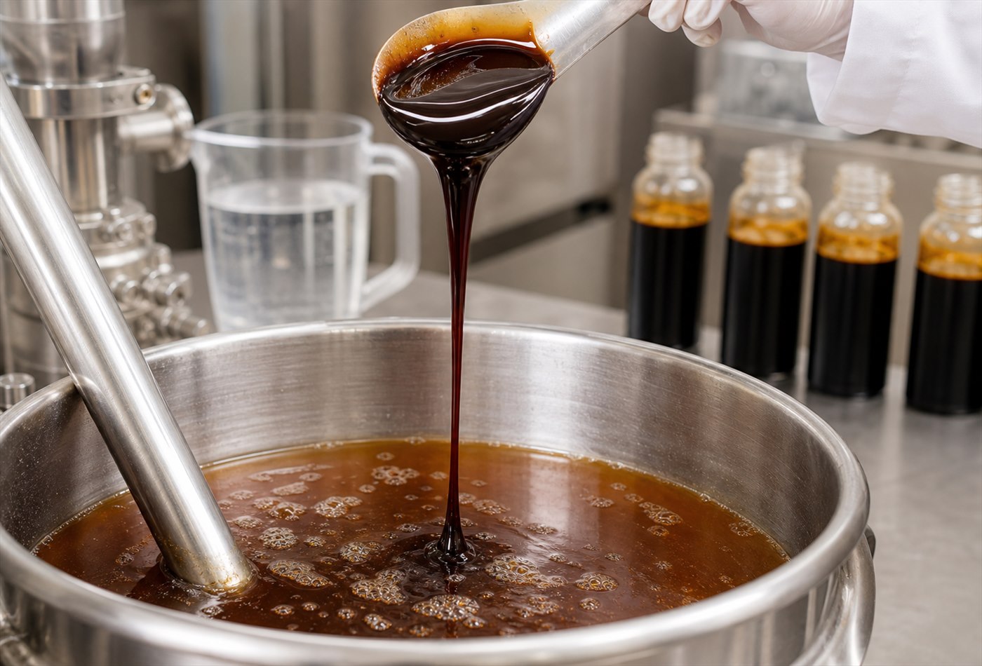 Concentrated soy sauce paste blended into liquid soy sauce in a production vessel