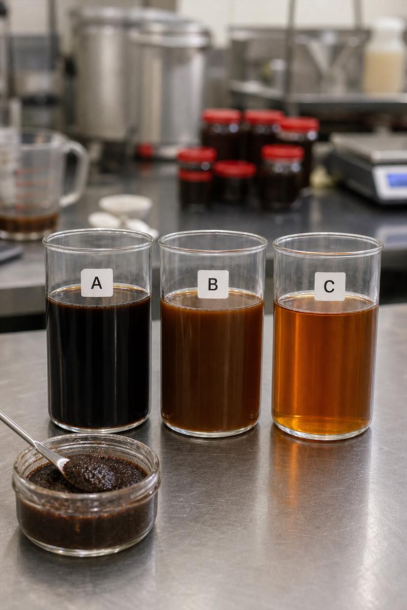 Three liquid soy sauce samples showing different formulation profiles from concentrated soy sauce paste